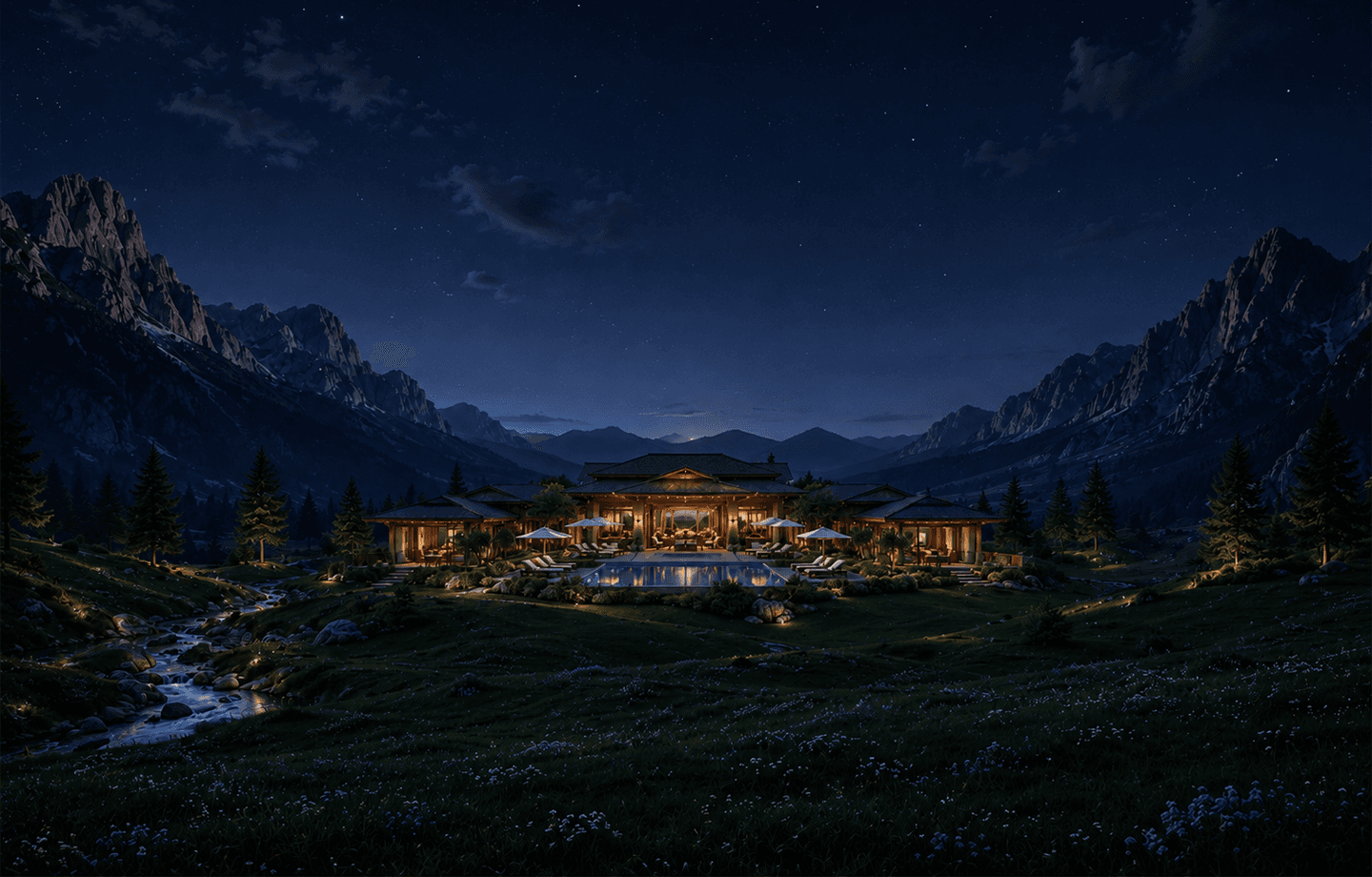 Decofice destination at night, nestled in a mountain valley