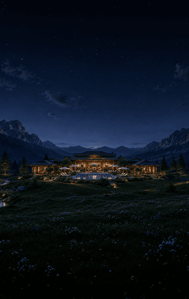 Decofice destination at night, nestled in a mountain valley
